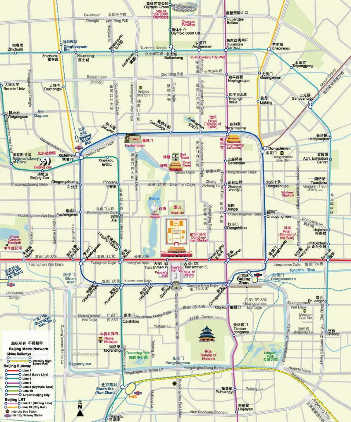kartta Pekingin metro kartta kanssa nähtävyyksiä